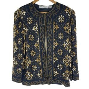 Vintage 80s Scala Jacket Women's Large Black Silk Gold Beaded Evening Party